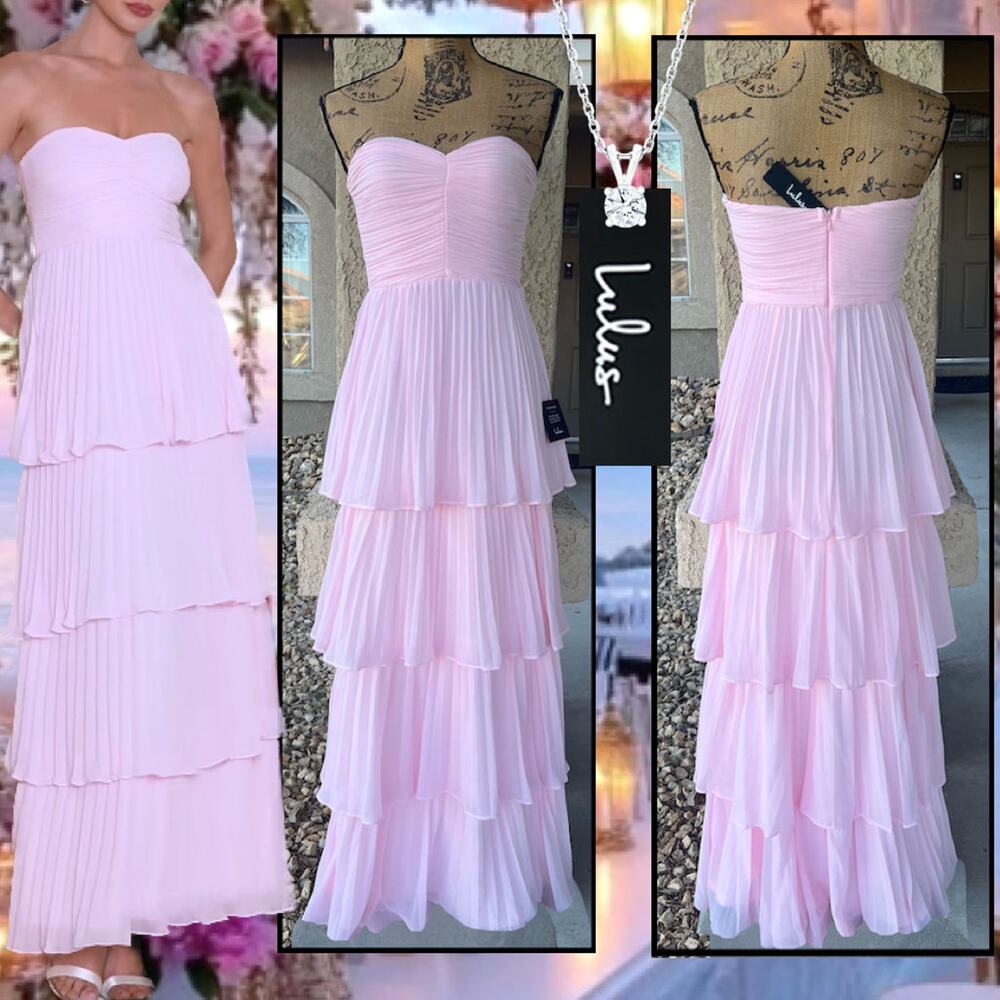 Lulus Pink Strapless Pleated Tiered Seriously Sensational Maxi Dress Size M